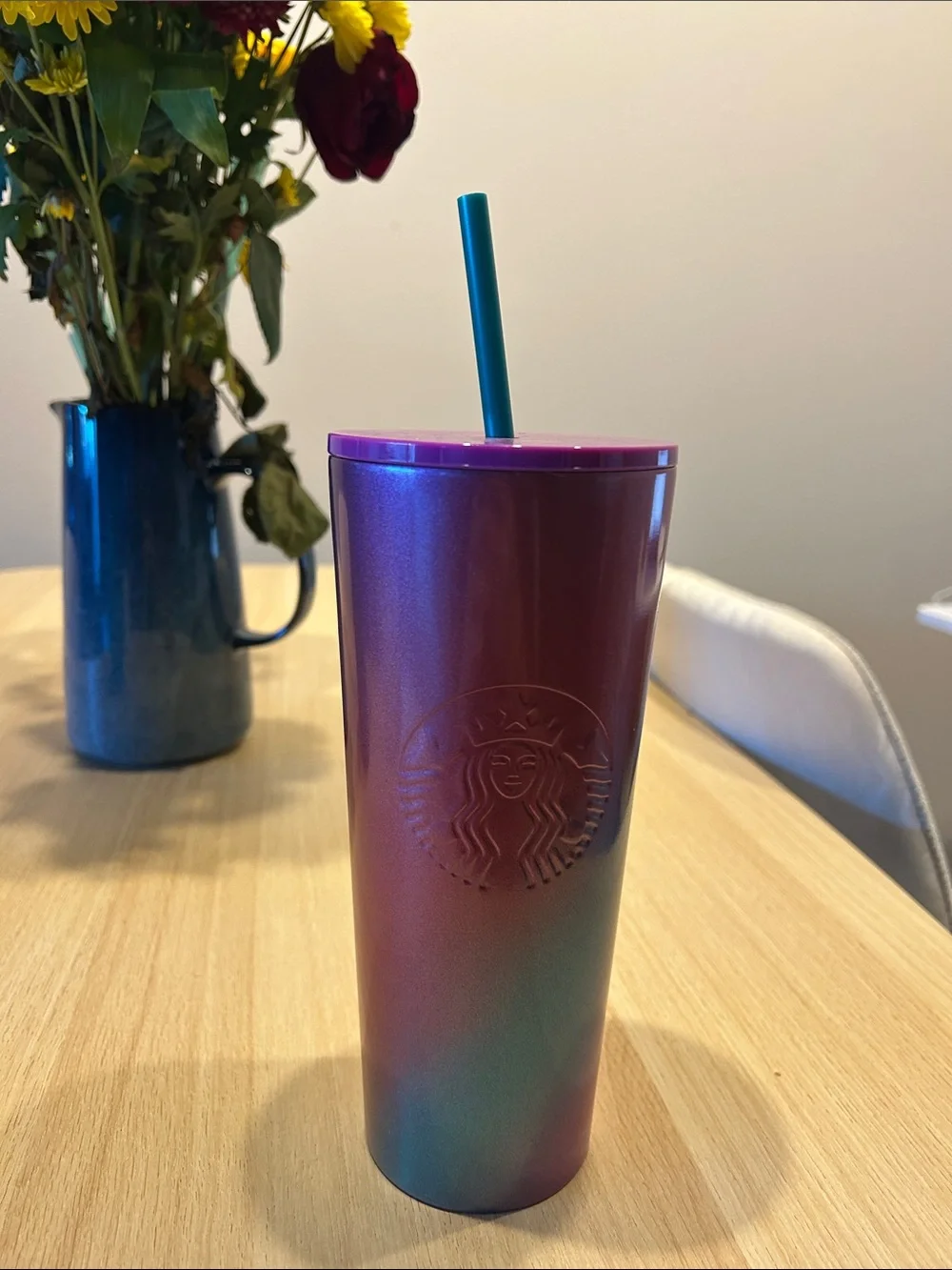 Starbucks Iridescent Purple-Pink to Teal Ombre Tumbler with Teal Straw